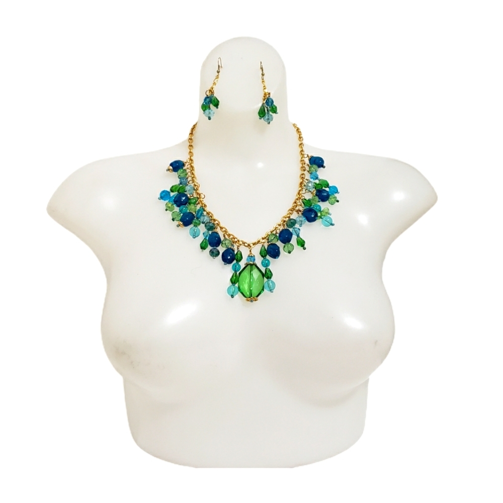 Fashion Jewelry Statement Necklace Earrings Set Green Blue Crystals Goldtone
